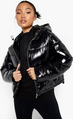 black shiny coat boohoo