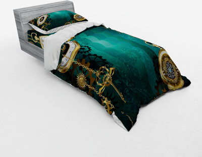 Ambesonne Green/Gold Microfiber Industrial Duvet Cover Set