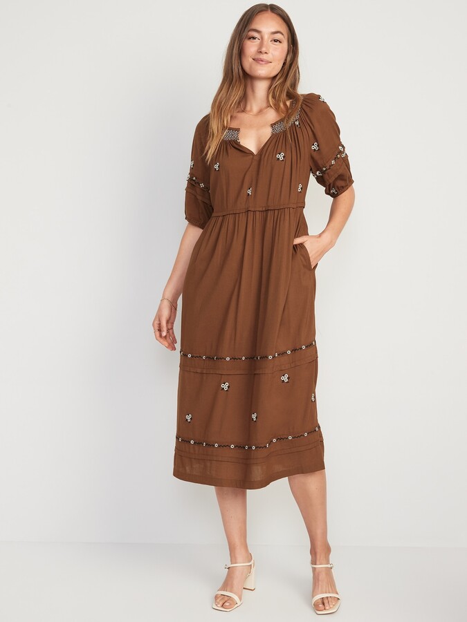 Old Navy Puff-Sleeve Smocked-Neck Embroidered-Flower Midi Swing Dress ...