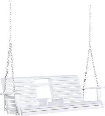 3-Seater Wooden Porch Swing with Foldable Coffee Table - Patio Swing Bench with Built-in Cup Holders, Heavy-Duty Chains Included, 440lbs Weight Capaci