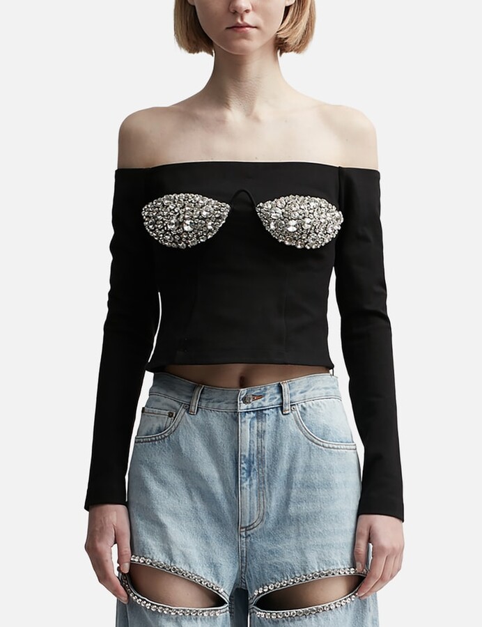 Area Embroidered Crystal Cup Long Sleeve Top