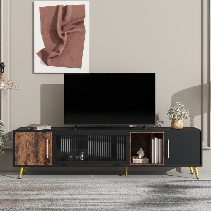 GREATPLANINC Modern TV Stand with Golden Metal Handles & Legs, Fluted