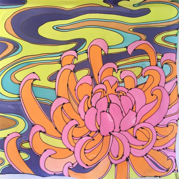 Etsy Personalized Gift For Women Hand Painted Square Silk Crepe De Chine Scarf Pink & Chartreuse Green Chrysanthemum