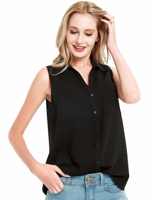 Basic Model Women Sleeveless Shirts Chiffon Button Down V Neck Blouses Office Work Tops(Black XXL)