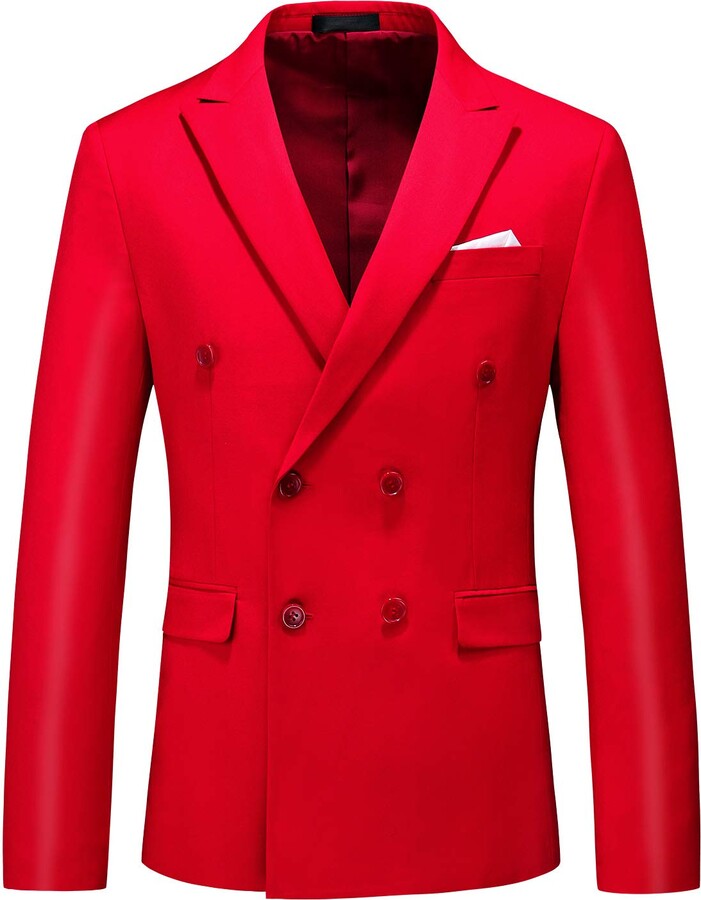 MOGU Mens Double Breasted Blazer Slim Fit Plain Color Suit Jacket US