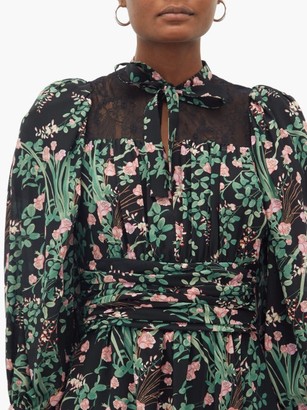 Giambattista Valli Pussy-bow Lace-trimmed Floral-print Silk Dress - Black Print