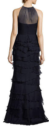 Badgley Mischka Sleeveless Silk Tiered Ruffle Gown, Navy
