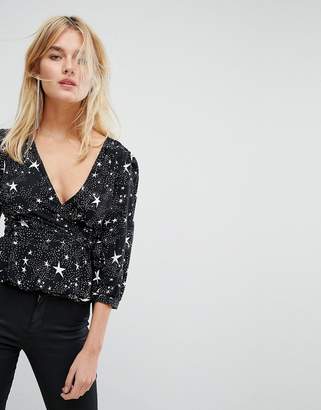 Motel Wrap Front Top With Ruffle In Star Print