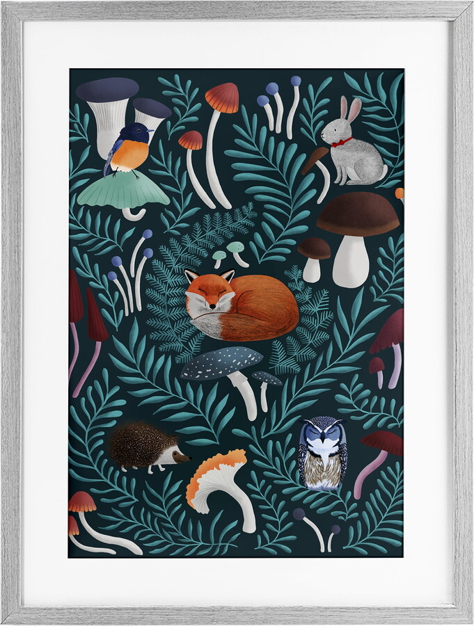 Stupell Woodland Animals & Botanical Sprigs Gray Framed Print Under Glass, design by Metka Hiti