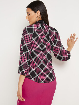 New York and Company Check-Print 3/4-Sleeve Bow-Neck Blouse