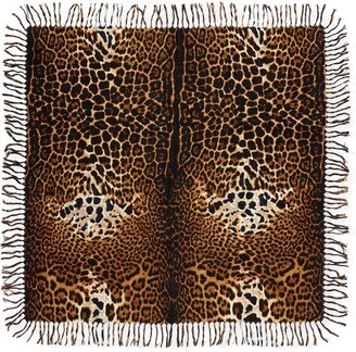 Saint Laurent Wool Toile Leopard Fringe Scarf