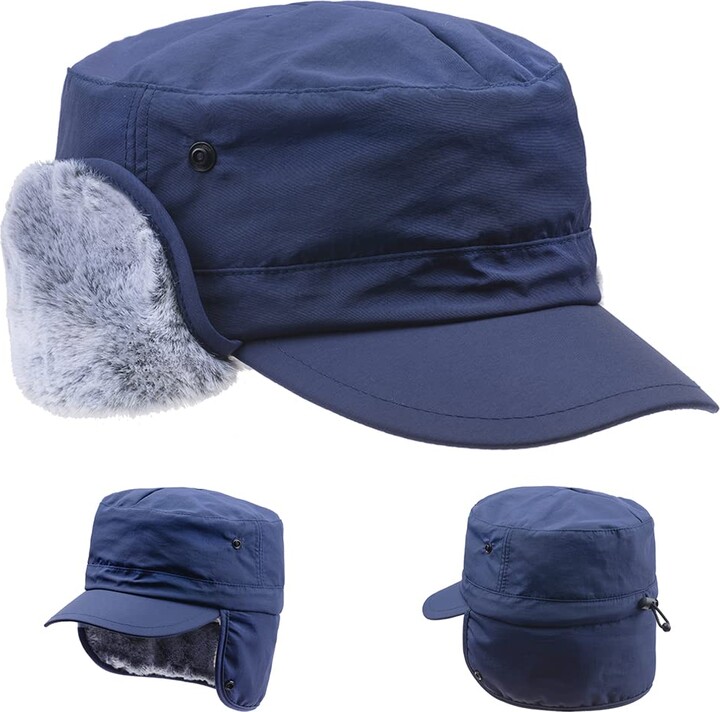 ZffXH Mens Womens Winter Trapper Hat with Brim Visor Warm Earflaps Hat Faux  Fur Winter Baseball Cap Navy - ShopStyle