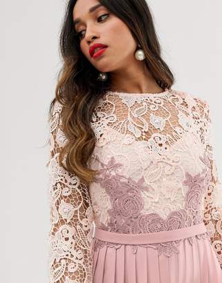 Little Mistress Petite floral lace applique 3/4 sleeve midi skater dress with pleated skirt