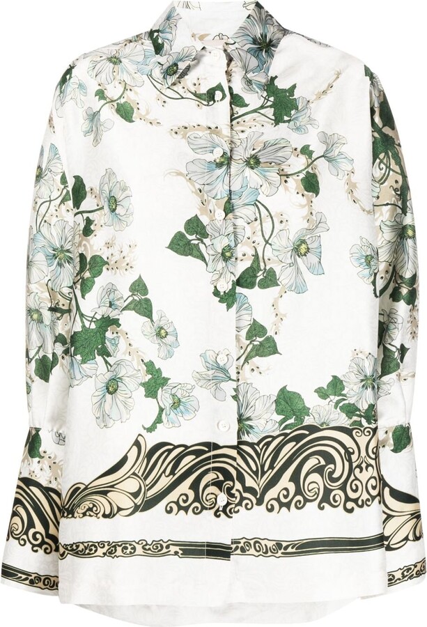 White floral pattern print long sleeve button shirt