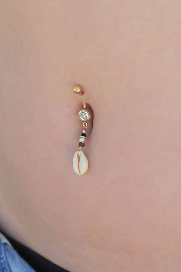 Etsy The Perfect Coachella Look For Beach Lovers, A Gold Filled Cowrie Shell & Swarovski Beaded Belly Button Ring, Navel Piercing