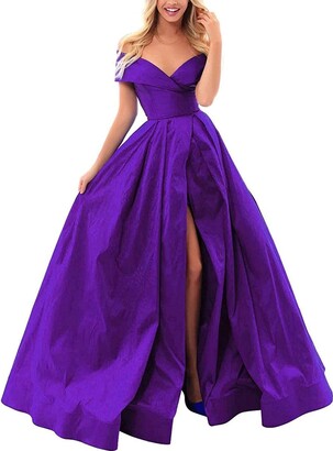 LGHTGR Women Sexy Off Shoulder Long Prom Dresses Side Slit Satin Bridesmaid Dresses Formal Evening Prom Gowns with Pockets Purple