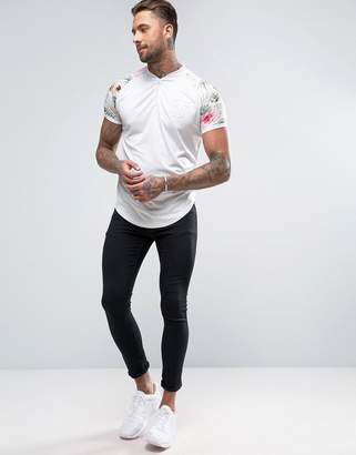 SikSilk Retro T-Shirt In White With Floral Sleeves