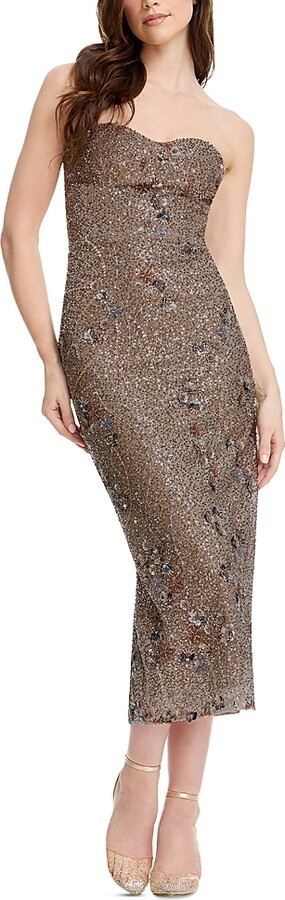 Dress the Population Strapless Sweetheart Bodycon Tea Length Dress with Back Skirt Slit