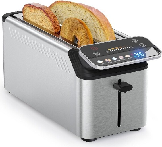 Whall® Stainless Steel Smart Toaster, 4 Slice | Projection Touchscreen, 1.5" Extra-Wide Slots, Digital Timer, Reheat & Defrost, Removable Crumb Tray