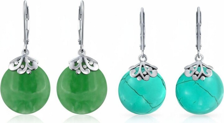 Bling Jewelry Set of 2 Stabilized Turquoise & Natural Jade Flat Round Circle Disc Dangle Drops Earrings Sterling Silver Lever Back