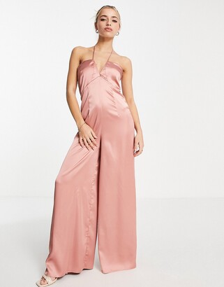 Womens Clothing Jumpsuits and rompers Full-length jumpsuits and rompers Miss Selfridge Satin Halter Wide Leg Jumpsuit in Pink 