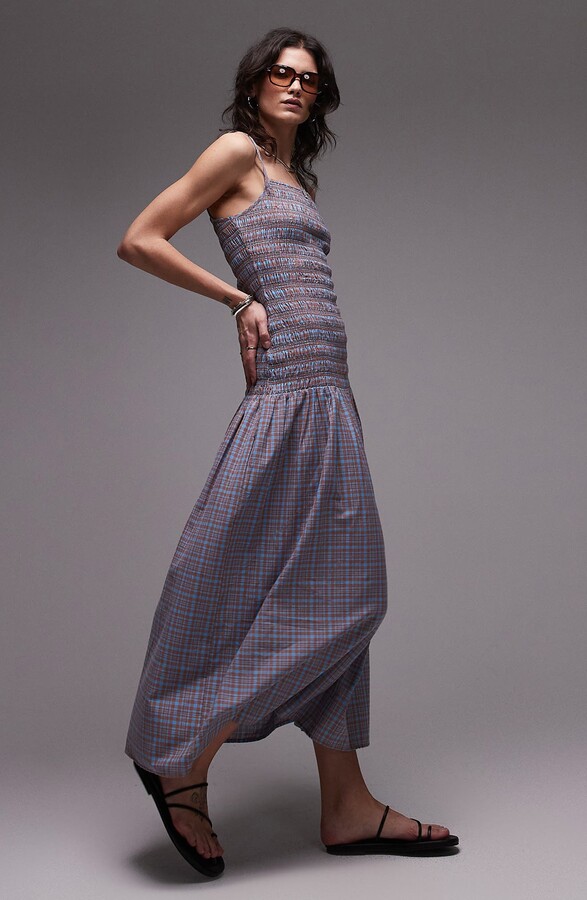 Topshop Plaid Smocked Drop-Waist Midi Dress