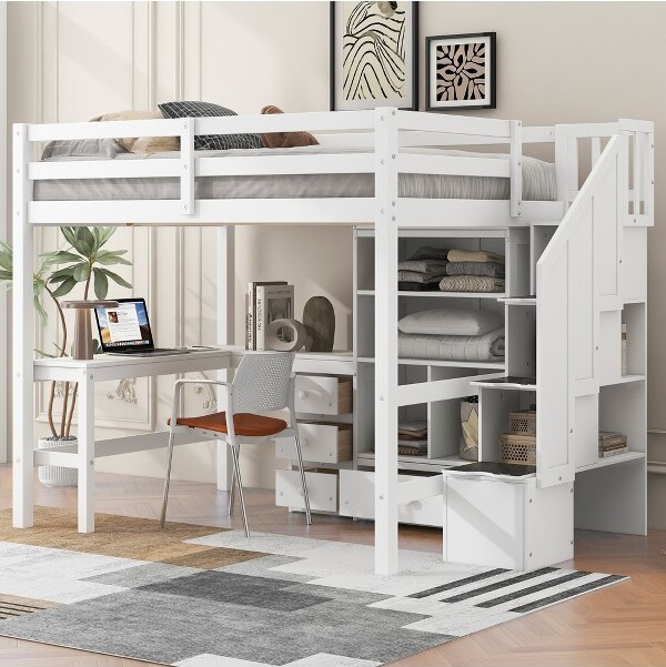 ModernLuxe FullSizeLoftBedwithL-ShapedDeskandDrawers,GamingLoftBedFramewithCabinetandStorageStaircase,White