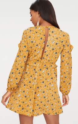 PrettyLittleThing Mustard Floral Frill Long Sleeve Shift Dress