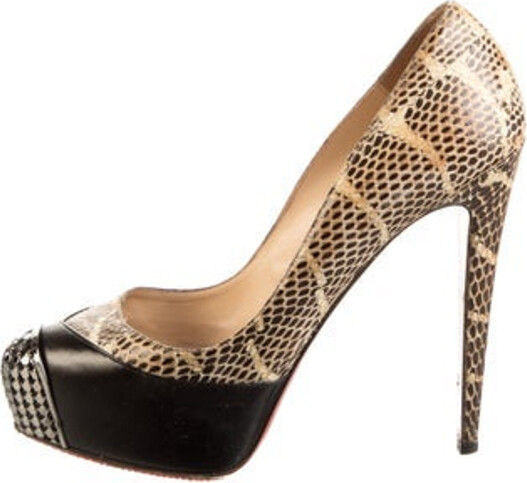 Christian Louboutin Maggie 140 Pumps Brown Water Snake Animal Print Leather Trim Round-Toes Platform Designer