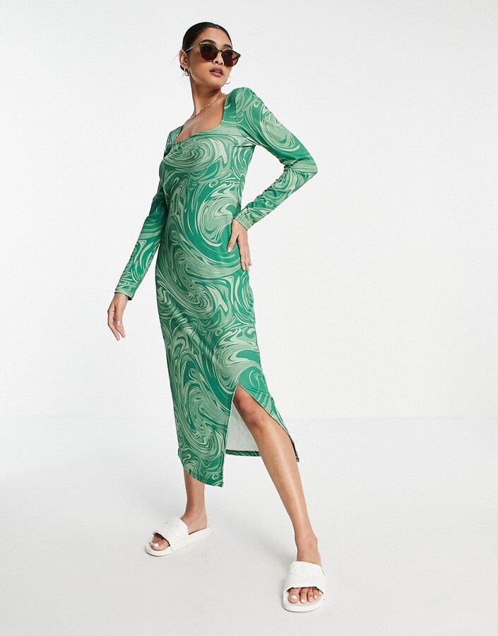 Vero Moda ribbed jersey midi dress in green swirl print - ShopStyle