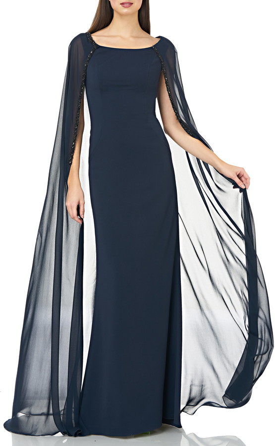 Carmen Marc Valvo Beaded Inset Caped Chiffon Gown - ShopStyle Evening ...