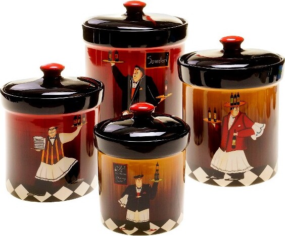 Certified International Bistro Canisters - Set of 4: Ceramic Kitchen Storage, Hand Wash, Red/White/Black, 1-Year Warranty