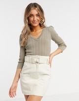 Thumbnail for your product : Morgan glitter 3/4 sleeve knitted ribbed jumper in gold taupe