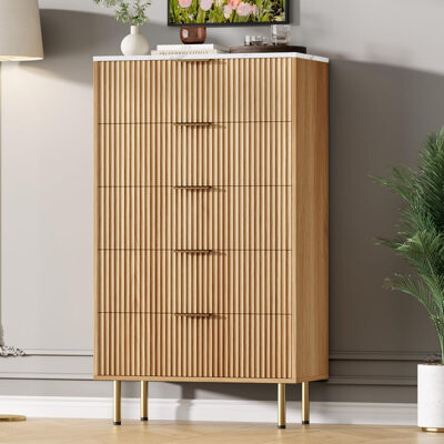 Wrought Studio Fluted Wood Dresser, Modern 5 Drawers Dresser With Gold Handle, Wood Drawer Organizer