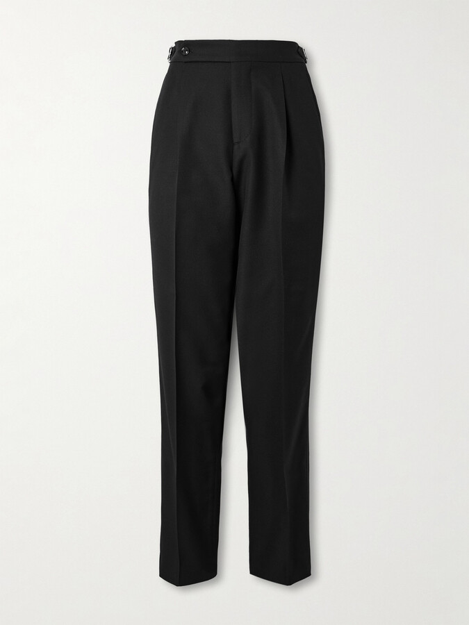 Brunello Cucinelli Tapered Pleated Satin-Trimmed Silk, Wool and Mohair-Blend Trousers