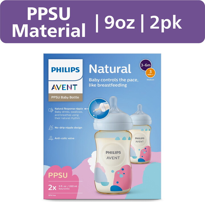 Philips Ppsu Natural Baby Bottles with Medium Flow Nipples (Flow 3), 9oz, with Decoration, 2-Pack, SCY943/02