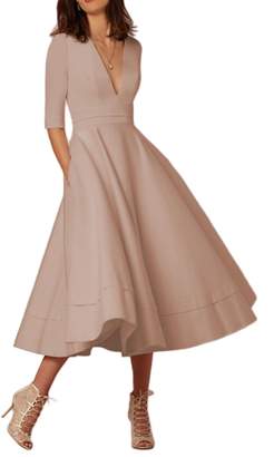 EFOFEI Womens Deep V Neck Dress Half Sleeve Swing Dress High Waist Dress
