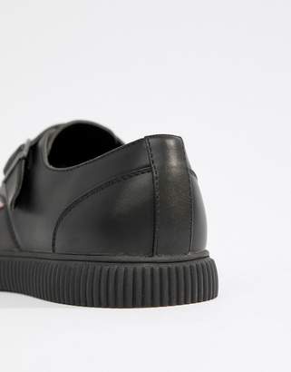 ASOS DESIGN monk creeper shoes in black faux leather with pink contrast panel