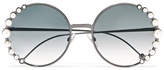 Fendi - Faux Pearl-embellished Round-frame Gunmetal-tone Sunglasses - Gray