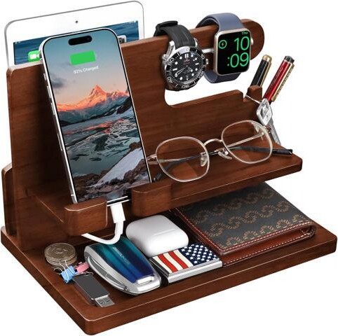 WOOJONG Wood Phone Docking Station - Nightstand Charging Organizer and Cell Phone Stand - Bedside Gift for Men