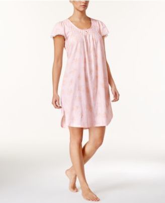 Miss Elaine Smocked Floral-Print Knit Nightgown