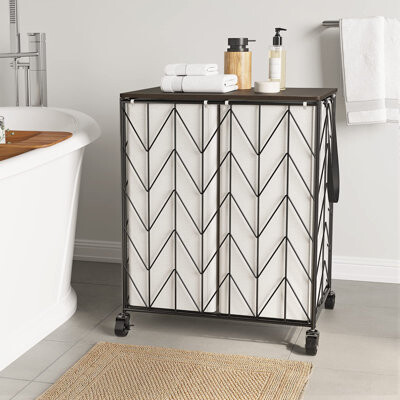 Laundry Basket With Wheels, Heavy Duty Laundry Hamper With Wood Lid, Clothes Hamper With Divided Removable Liner Bag, Large Capacity Iron-Made Laundry