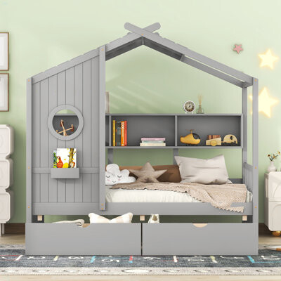 Wooden House Bed With 2 Drawers,Kids Bed With Storage Shelf