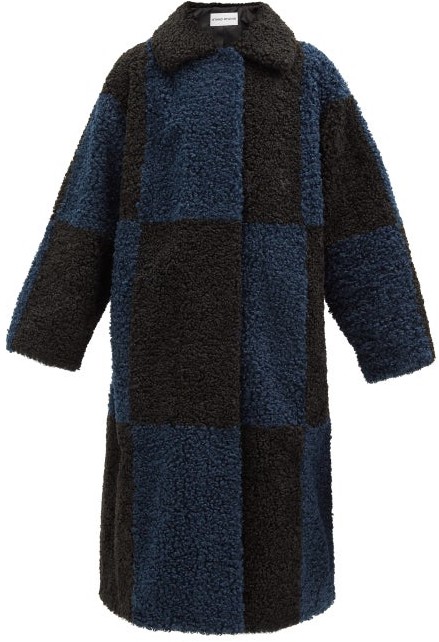 Stand Studio Nikki Check Faux-shearling Coat Black Navy ShopStyle