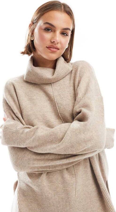 Pieces roll neck sweater with seam detail front in beige