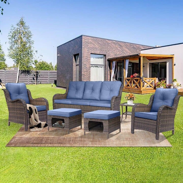 DWIOM Brown 9-Piece Wicker Outdoor Furniture Patio Conversation Set Armrchairs Sofa Ottomans with Cover and Denim Blue Cushion