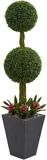 Nearly Natural 5Ft Double Boxwood Ball Topiary Tree with Bromeliads in Slate Planter By in Green