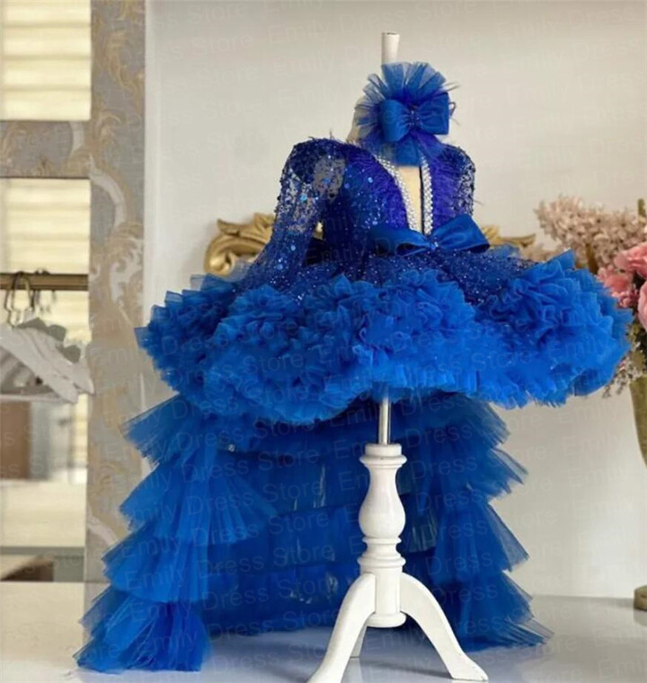 gdybao Customized Royal Blue Flower Girl Dress For Wedding Layered Feather Tulle Sequins Kids With Bow Birthday First Communion Gown
