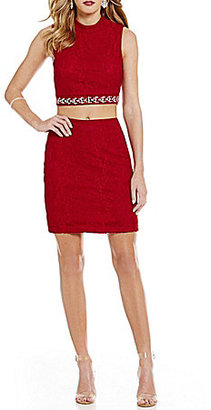 Jodi Kristopher Lace Mock Neck Two-Piece Sheath Dress