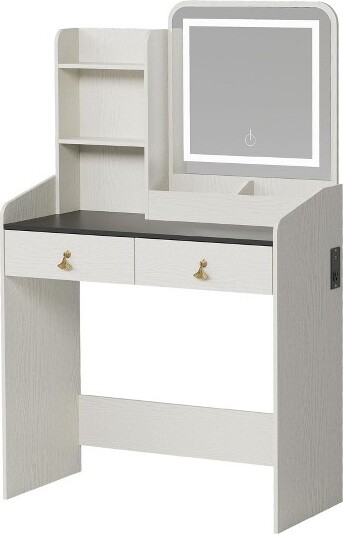 CouchetaVanityDeskwithLEDMirror&ChargingStation|MakeupTableSetwithStorageStool,2Drawers&4Shelves